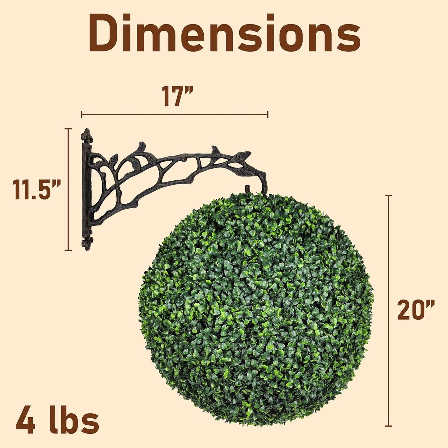 UV Resistant Topiary Balls Artificial Outdoor Set of 2-20 Inch Faux Boxwood Spheres with Cast Iron Branch Style Hook for Garden, Balcony, Wedding Decor Round Fake Plants for Patio Porch