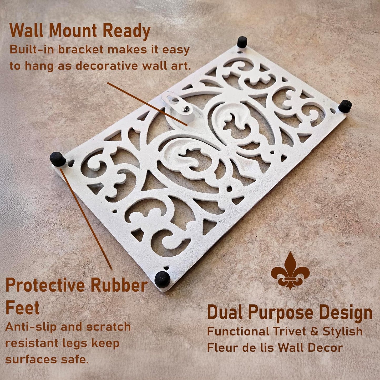 Cast Iron 10" x 6" Rectangle Fleur de lis Trivet Set of 2 pcs, for Hot Dishes or Pots