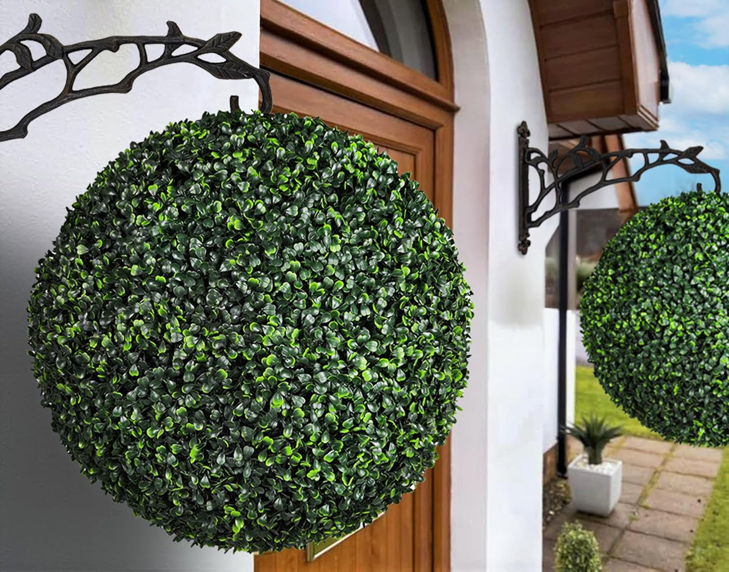 UV Resistant Topiary Balls Artificial Outdoor Set of 2-20 Inch Faux Boxwood Spheres with Cast Iron Branch Style Hook for Garden, Balcony, Wedding Decor Round Fake Plants for Patio Porch