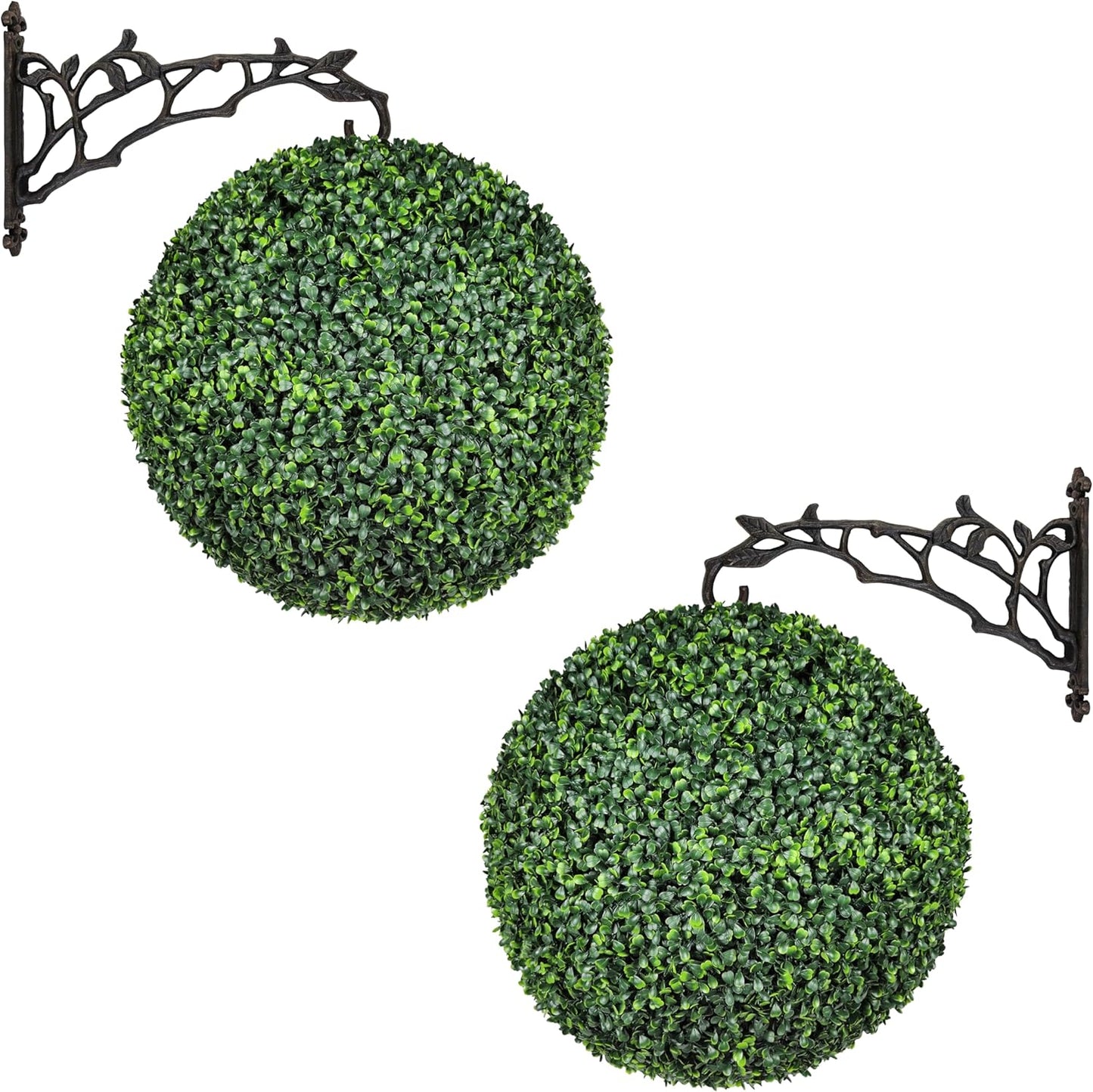 UV Resistant Topiary Balls Artificial Outdoor Set of 2-20 Inch Faux Boxwood Spheres with Cast Iron Branch Style Hook for Garden, Balcony, Wedding Decor Round Fake Plants for Patio Porch