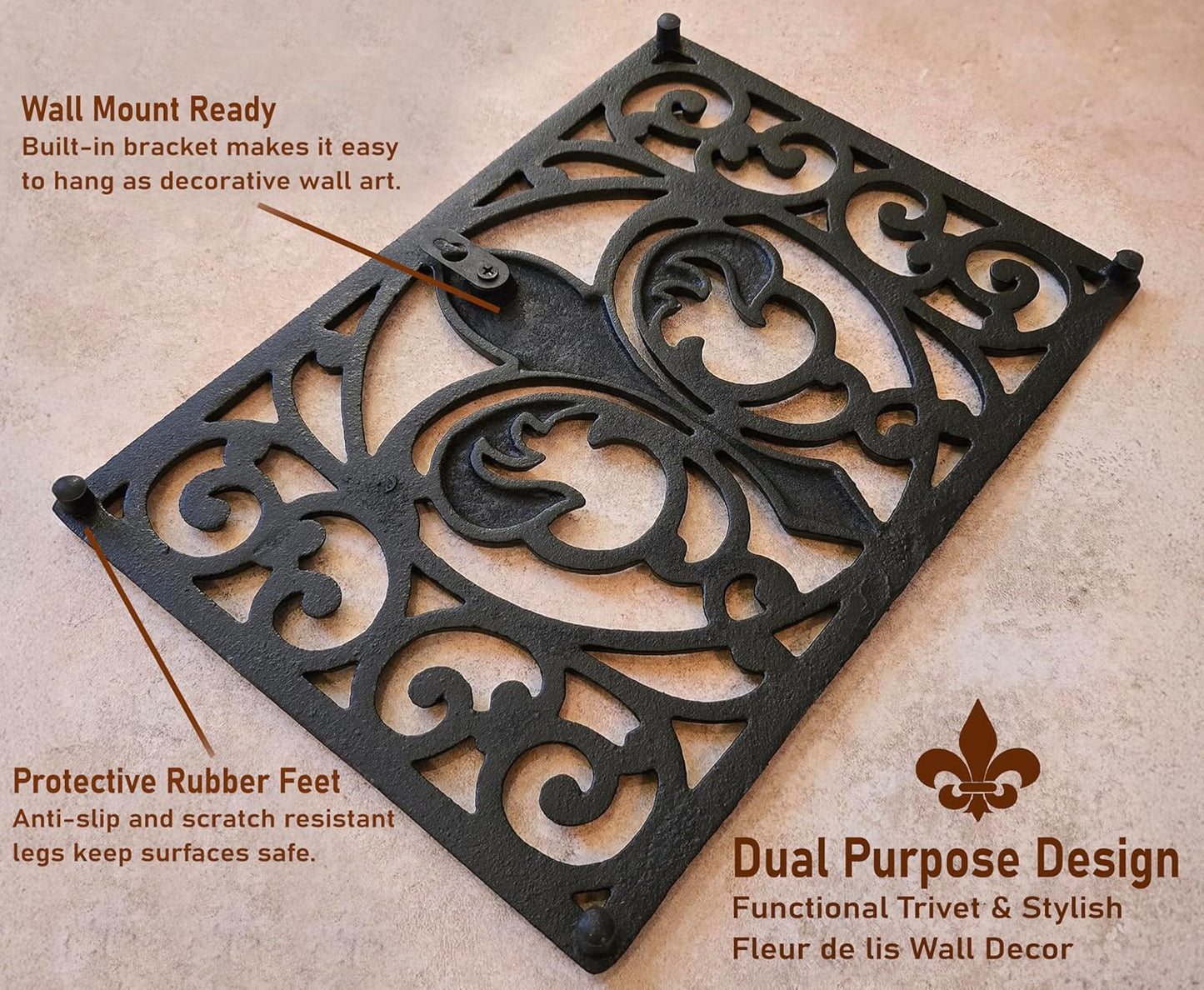 Cast Iron 13" x 9" Rectangle Fleur de lis Trivet Set of 2 pcs, for Hot Dishes or Pots