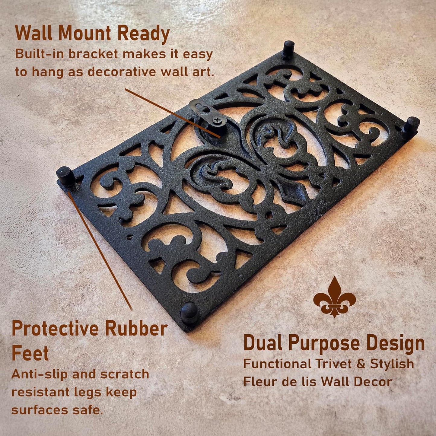 Cast Iron 10" x 6" Rectangle Fleur de lis Trivet Set of 2 pcs, for Hot Dishes or Pots