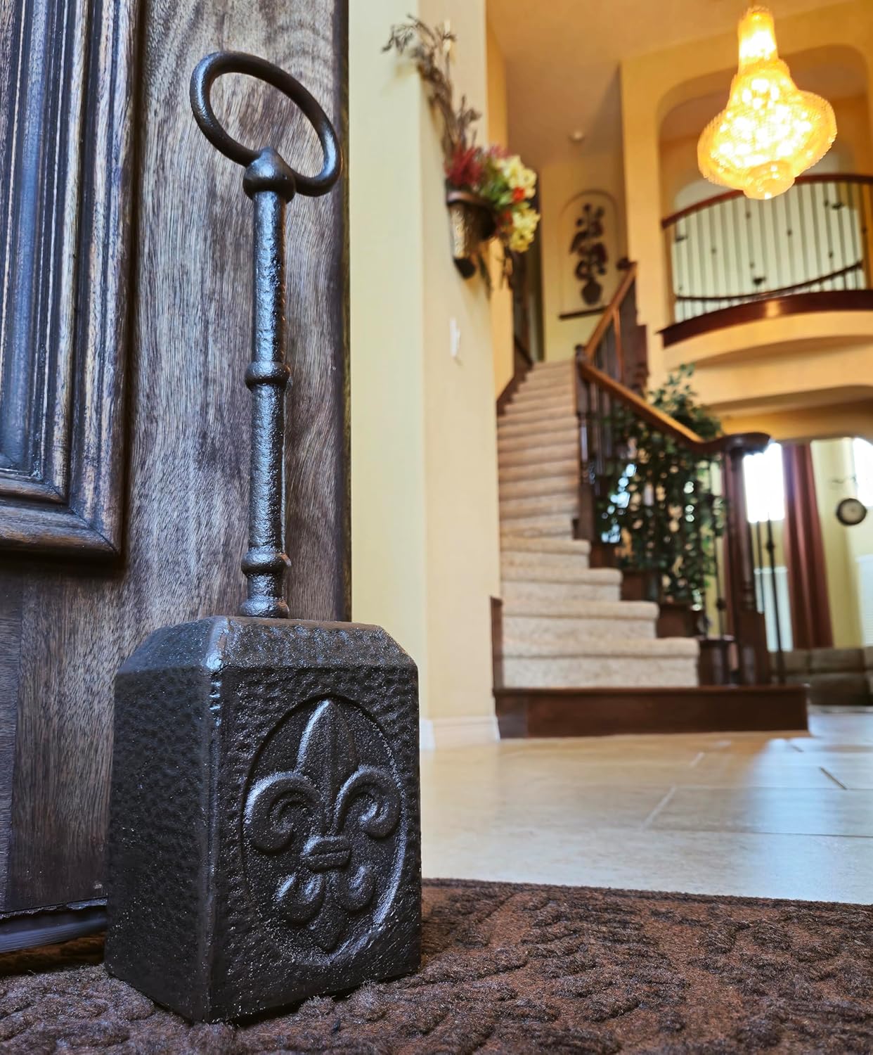 Cast Iron Heavy Door Stopper with Thick Adjustable Handle, Doorstop with Fleur de lis Design and Hammered Finish (7.4 lb)