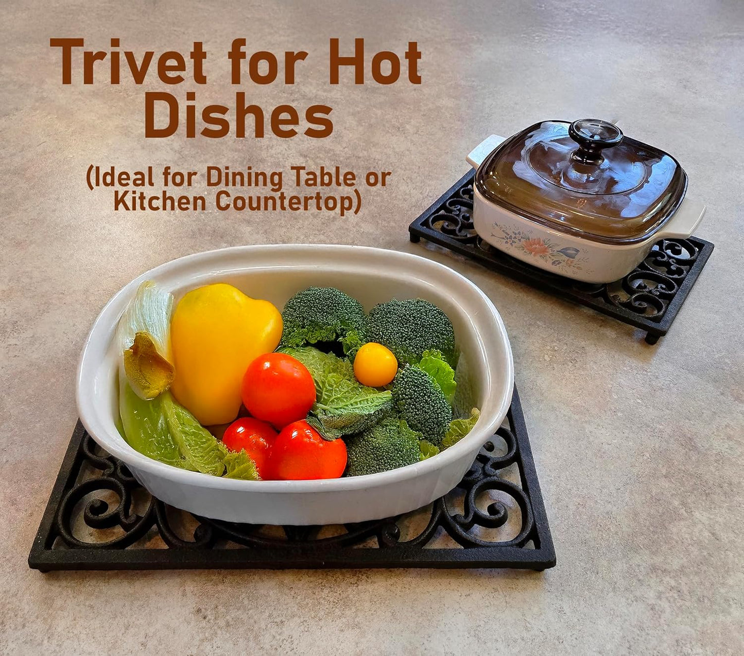 Cast Iron 13" x 9" Rectangle Fleur de lis Trivet Set of 2 pcs, for Hot Dishes or Pots