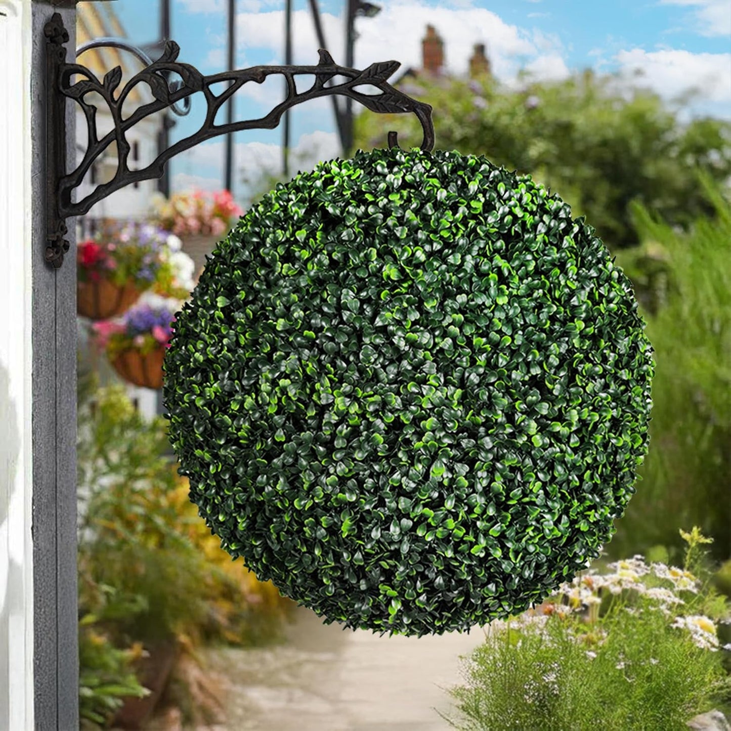 UV Resistant Topiary Balls Artificial Outdoor Set of 2-20 Inch Faux Boxwood Spheres with Cast Iron Branch Style Hook for Garden, Balcony, Wedding Decor Round Fake Plants for Patio Porch