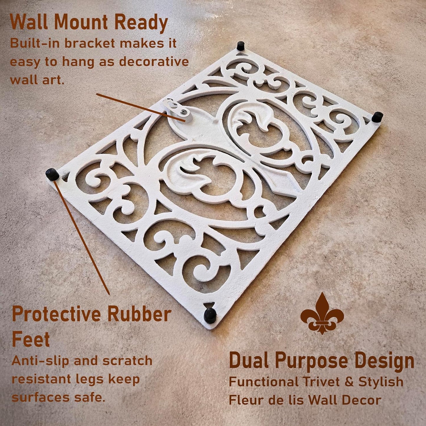 Cast Iron 13" x 9" Rectangle Fleur de lis Trivet Set of 2 pcs, for Hot Dishes or Pots