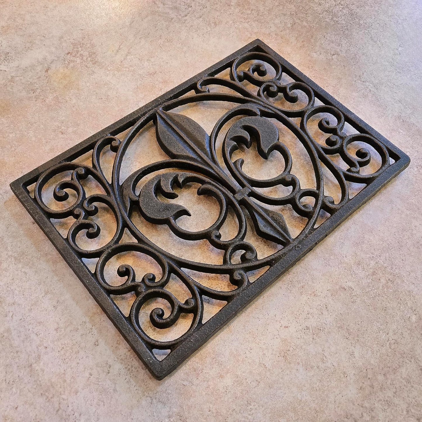 Cast Iron 13" x 9" Rectangle Fleur de lis Trivet Set of 2 pcs, for Hot Dishes or Pots