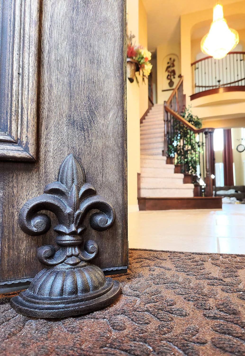 Fleur De Lis Sculpture Door Stopper, 8" x 6" x 4.5" - Antique Black`