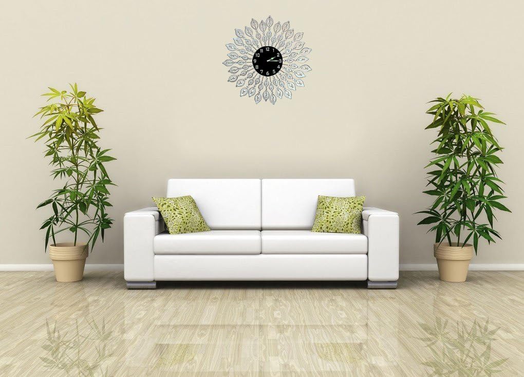 25" Crystal Leaf Metal Wall Clock, Black Glass Dial