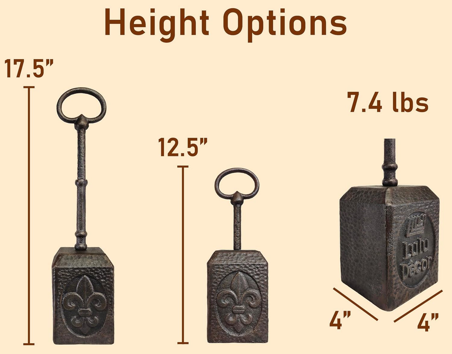 Cast Iron Heavy Door Stopper with Thick Adjustable Handle, Doorstop with Fleur de lis Design and Hammered Finish (7.4 lb)