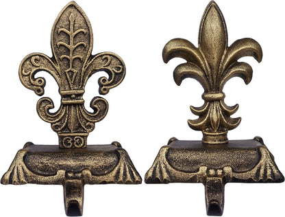 Metallic Gold Cast Iron Fleur de lis Christmas Stocking Holders