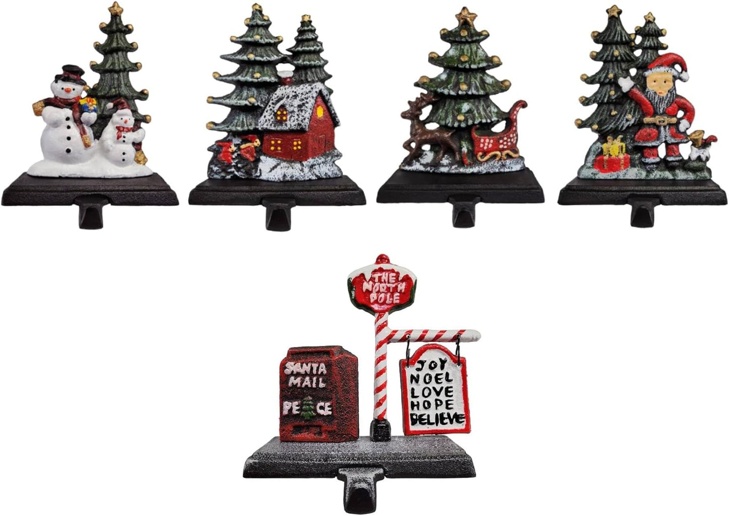 Sleigh with Deer, Santa with Gifts, House with Kids & Snowman with Christmas Tree Stocking Holder