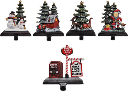 Sleigh with Deer, Santa with Gifts, House with Kids & Snowman with Christmas Tree Stocking Holder