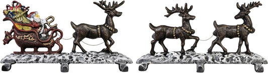 Christmas Stocking Holder for Mantel with 3 Reindeer & Santa on Decorated Sleigh