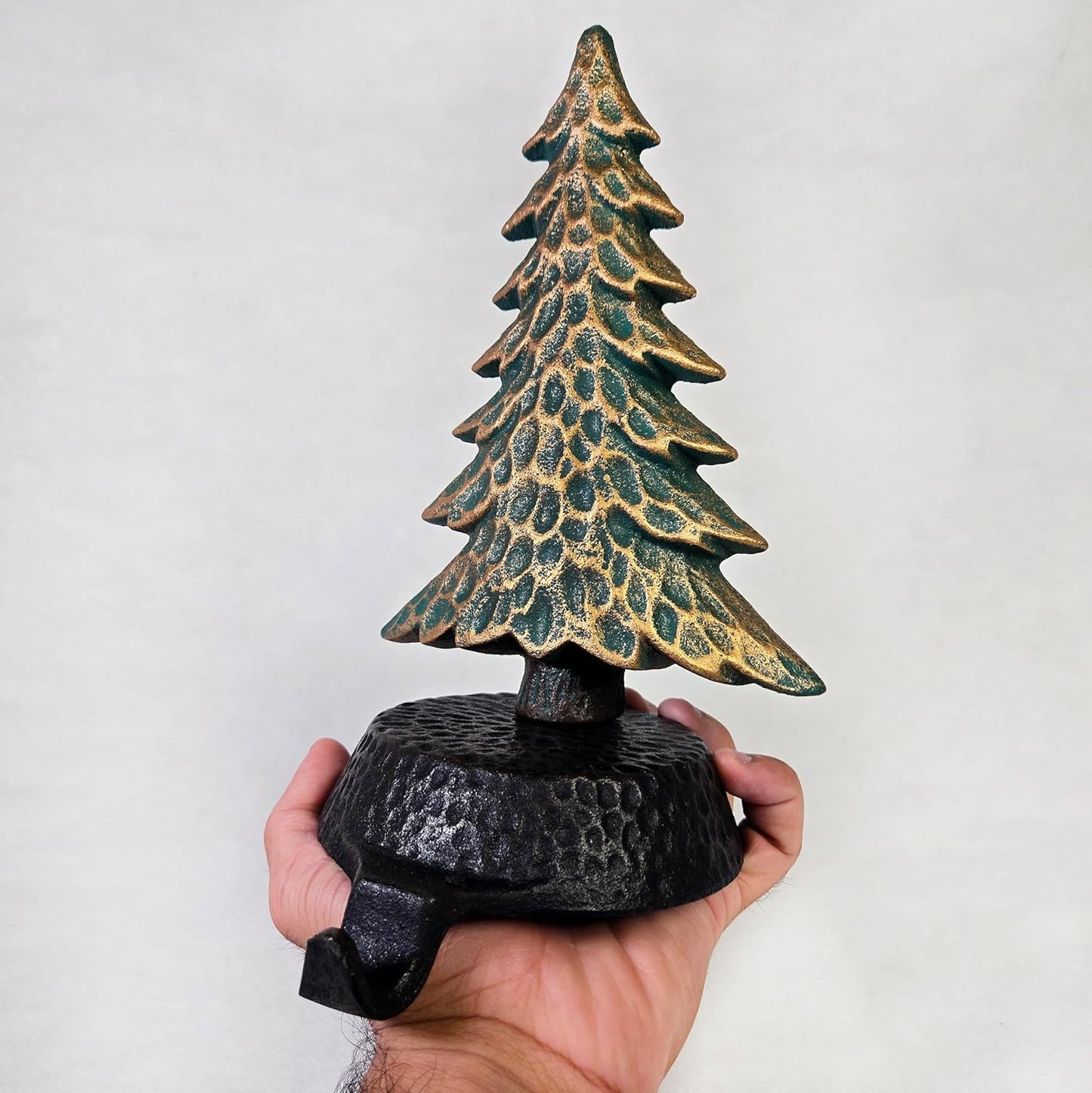 Green with Gold Tree Stocking Holders for Mantle, with a Hammered Finish