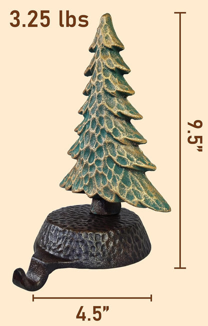 Green with Gold Tree Stocking Holders for Mantle, with a Hammered Finish
