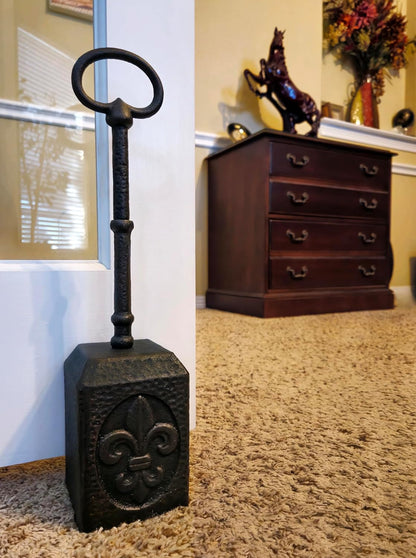 Cast Iron Heavy Door Stopper with Thick Adjustable Handle, Doorstop with Fleur de lis Design and Hammered Finish (7.4 lb)