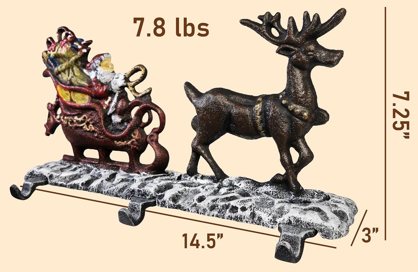 Christmas Stocking Holder for Mantel with 3 Reindeer & Santa on Decorated Sleigh