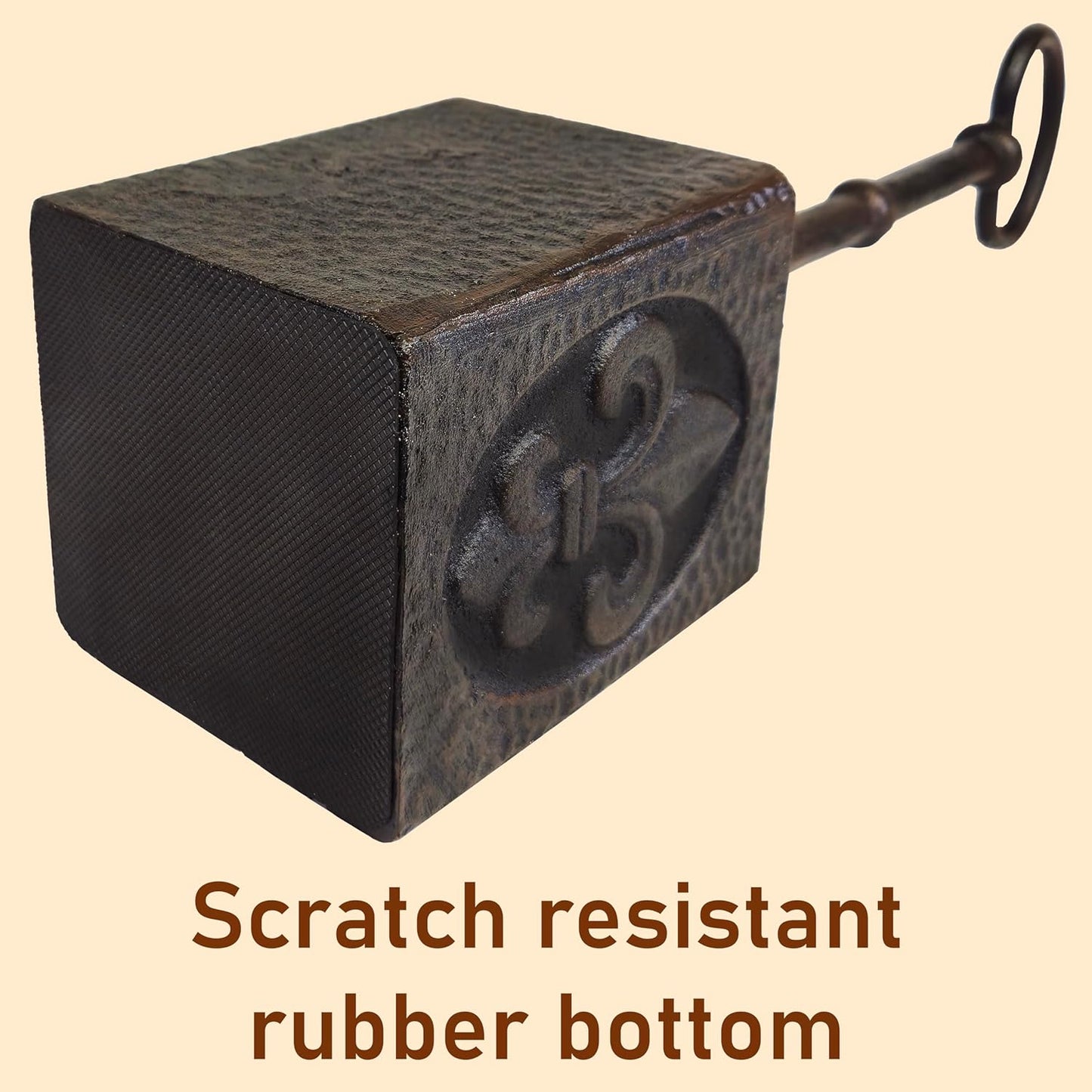 Cast Iron Heavy Door Stopper with Thick Adjustable Handle, Doorstop with Fleur de lis Design and Hammered Finish (7.4 lb)