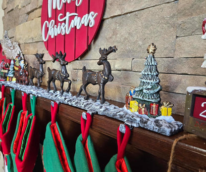 Christmas Stocking Holder for Mantel with 3 Reindeer & Santa on Decorated Sleigh