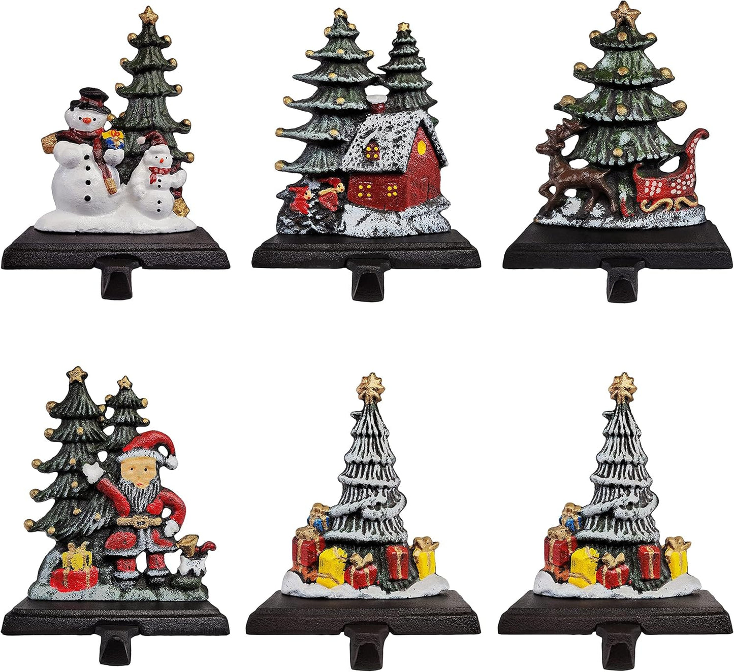 Sleigh with Deer, Santa with Gifts, House with Kids & Snowman with Christmas Tree Stocking Holder