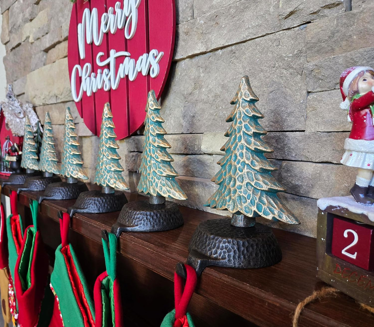 Green with Gold Tree Stocking Holders for Mantle, with a Hammered Finish