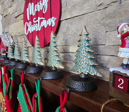 Green with Gold Tree Stocking Holders for Mantle, with a Hammered Finish