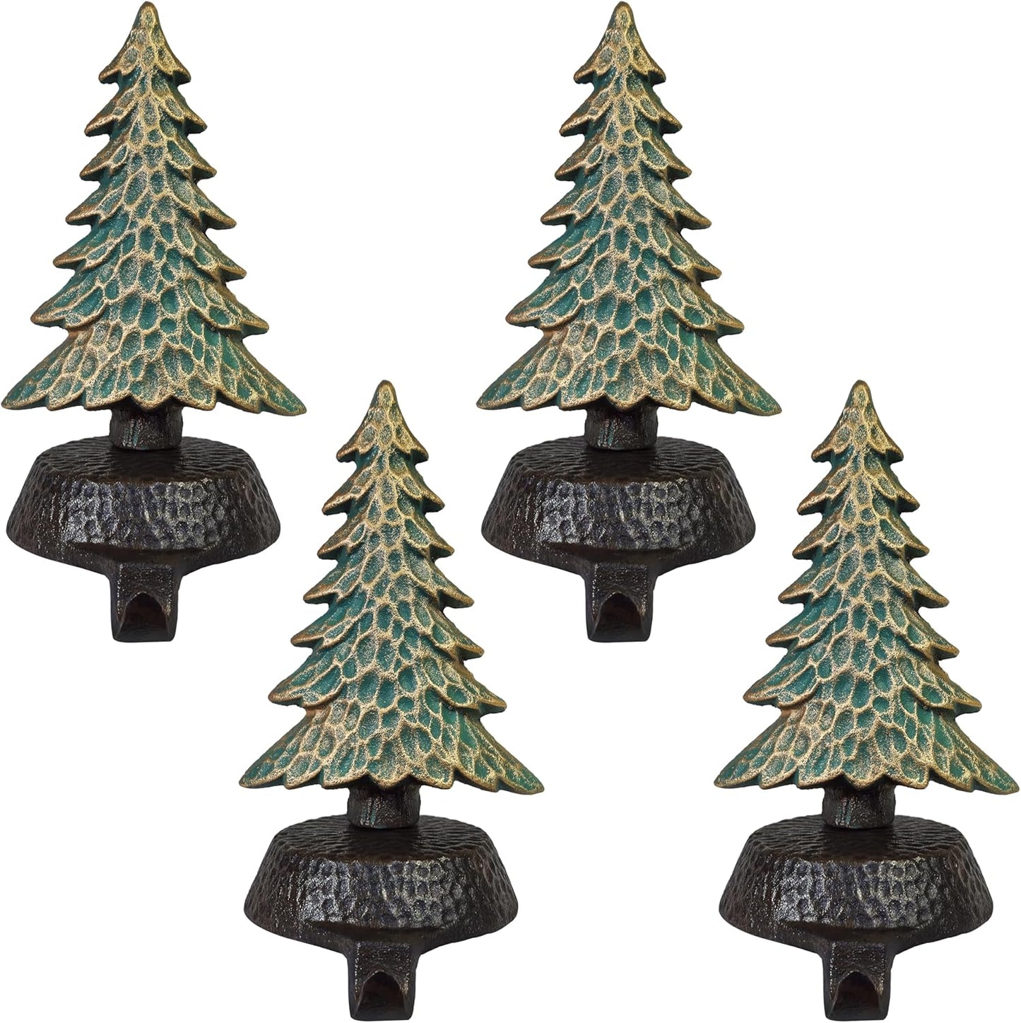 Green with Gold Tree Stocking Holders for Mantle, with a Hammered Finish