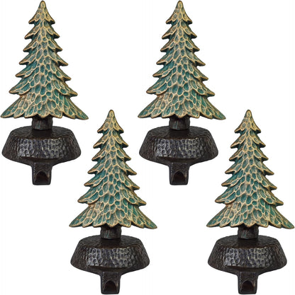 Green with Gold Tree Stocking Holders for Mantle, with a Hammered Finish