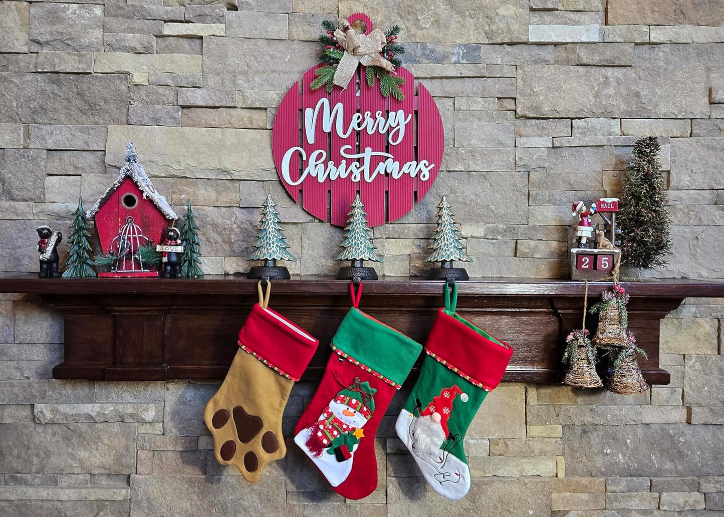 Green with Gold Tree Stocking Holders for Mantle, with a Hammered Finish