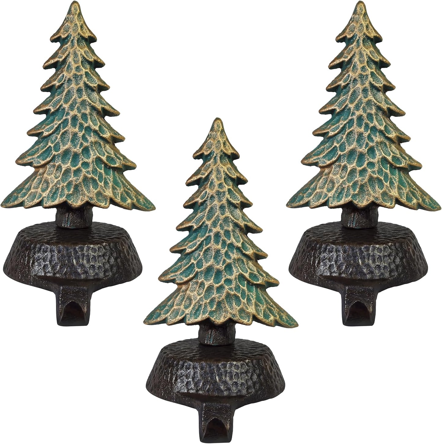 Green with Gold Tree Stocking Holders for Mantle, with a Hammered Finish