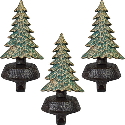 Green with Gold Tree Stocking Holders for Mantle, with a Hammered Finish