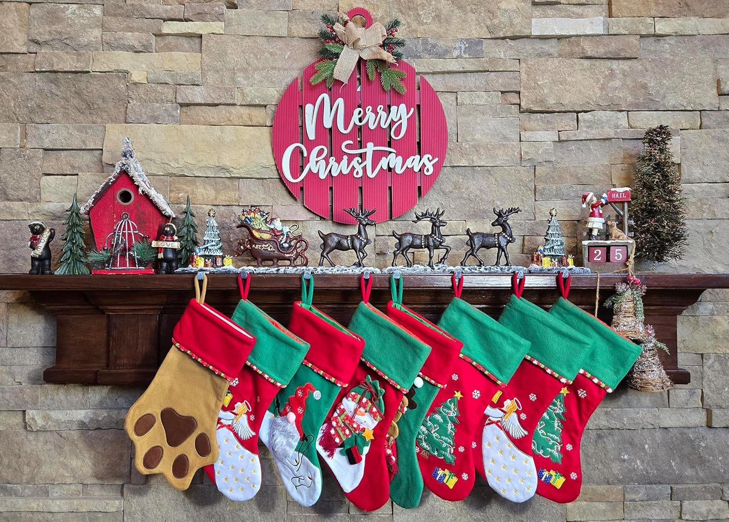Christmas Stocking Holder for Mantel with 3 Reindeer & Santa on Decorated Sleigh