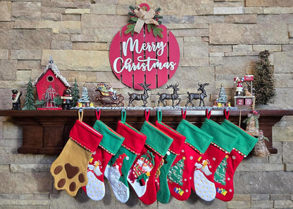 Christmas Stocking Holder for Mantel with 3 Reindeer & Santa on Decorated Sleigh