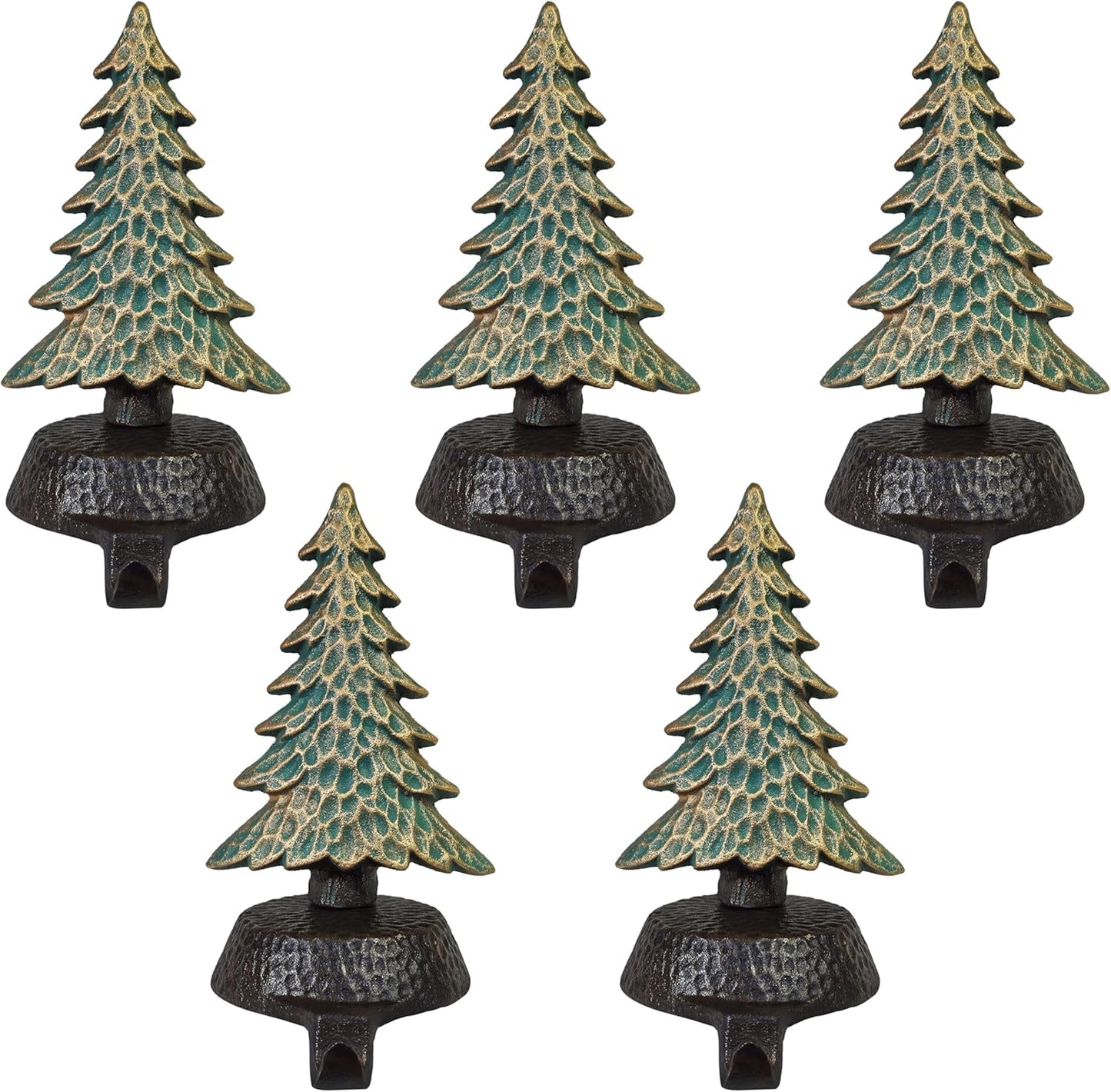 Green with Gold Tree Stocking Holders for Mantle, with a Hammered Finish