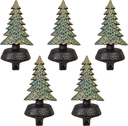 Green with Gold Tree Stocking Holders for Mantle, with a Hammered Finish