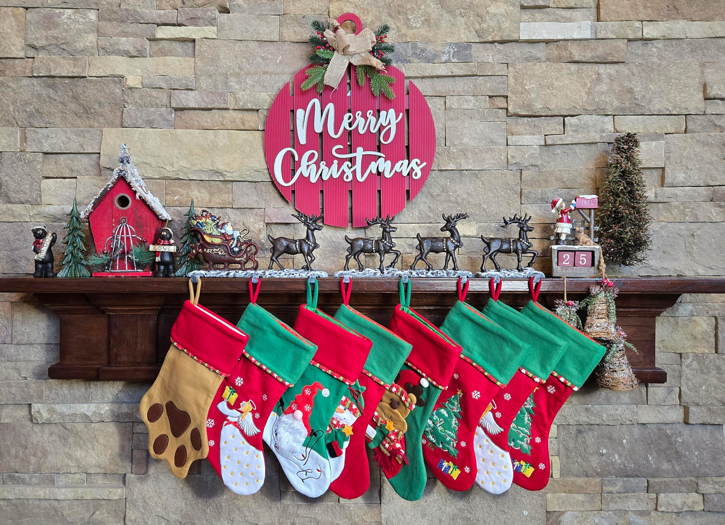 Christmas Stocking Holder for Mantel with 3 Reindeer & Santa on Decorated Sleigh
