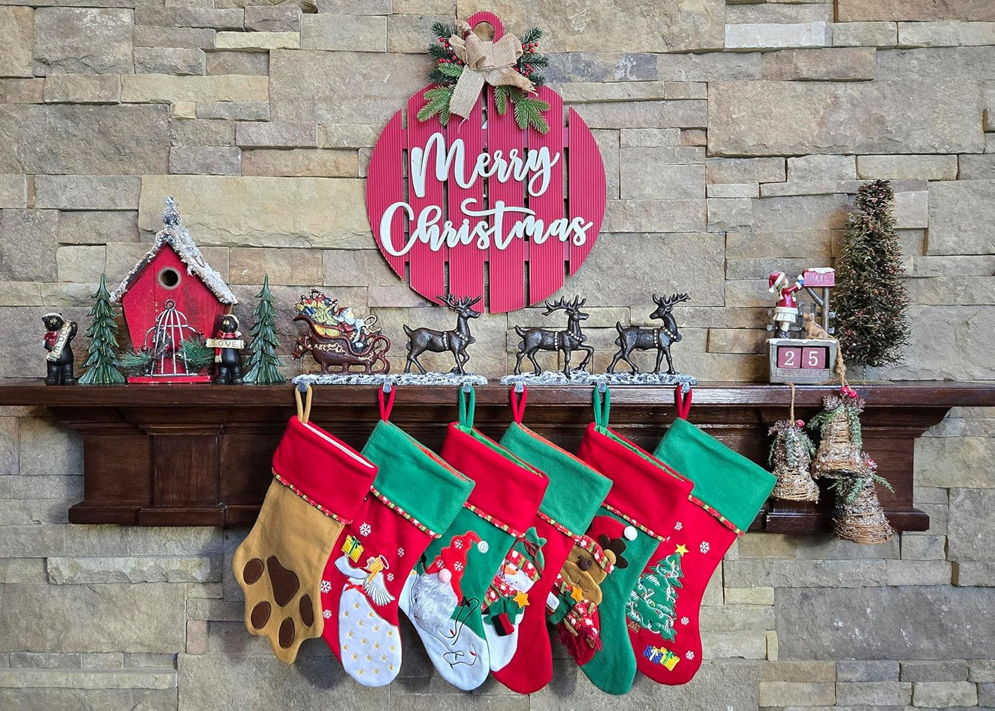 Christmas Stocking Holder for Mantel with 3 Reindeer & Santa on Decorated Sleigh