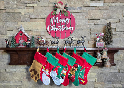 Christmas Stocking Holder for Mantel with 3 Reindeer & Santa on Decorated Sleigh