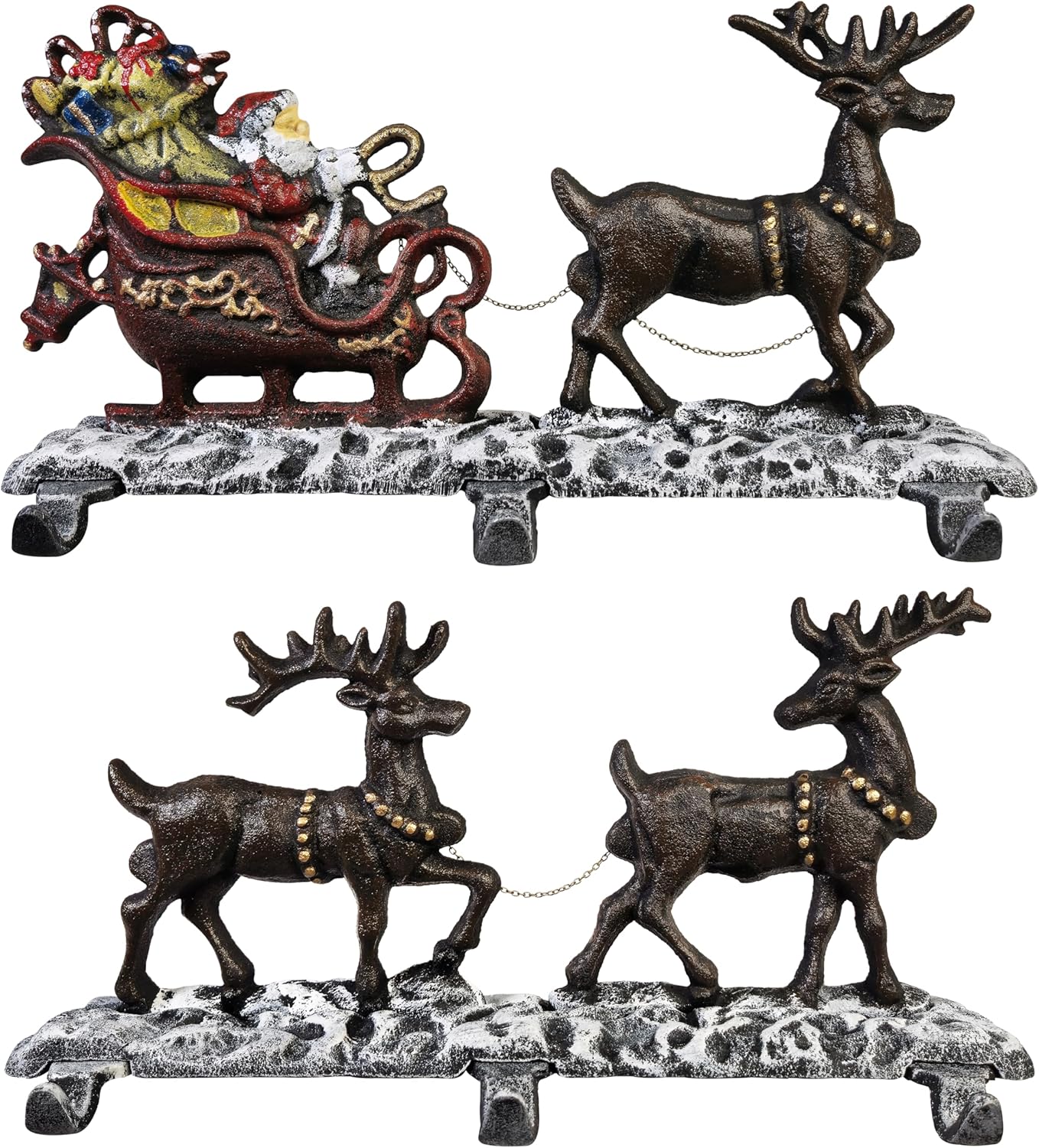Christmas Stocking Holder for Mantel with 3 Reindeer & Santa on Decorated Sleigh