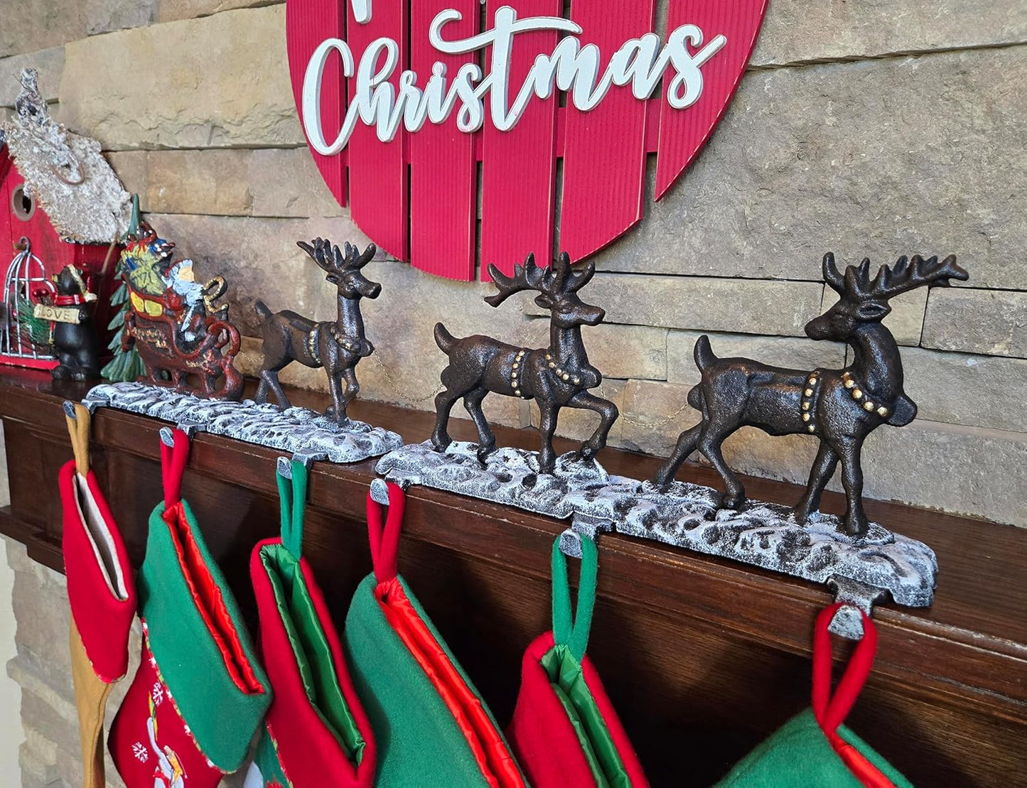 Christmas Stocking Holder for Mantel with 3 Reindeer & Santa on Decorated Sleigh