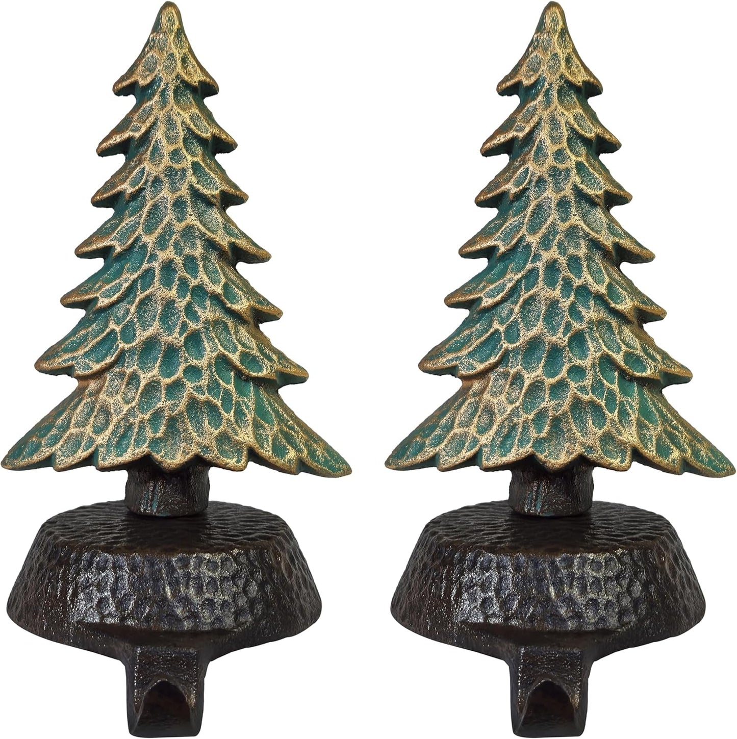 Green with Gold Tree Stocking Holders for Mantle, with a Hammered Finish