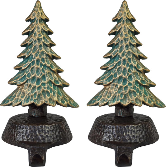 Green with Gold Tree Stocking Holders for Mantle, with a Hammered Finish