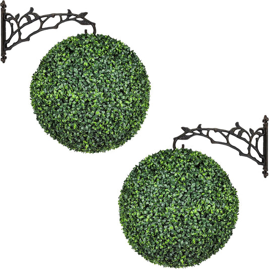 UV Resistant Topiary Balls Artificial Outdoor Set of 2-20 Inch Faux Boxwood Spheres with Cast Iron Branch Style Hook for Garden, Balcony, Wedding Decor Round Fake Plants for Patio Porch