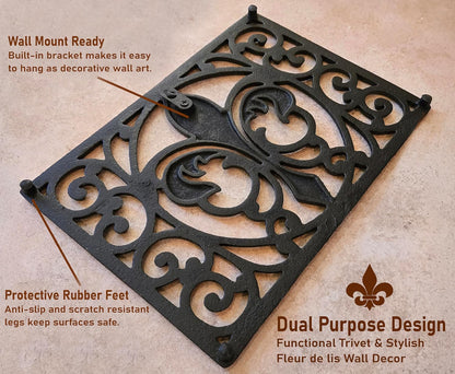 Cast Iron 13" x 9" Rectangle Fleur de lis Trivet Set of 2 pcs, for Hot Dishes or Pots