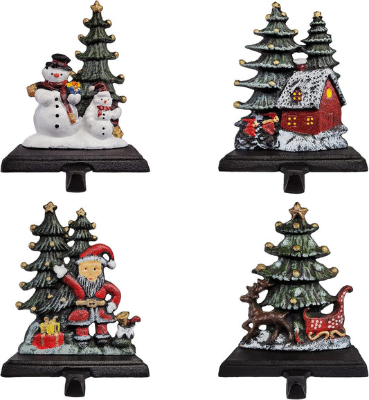Sleigh with Deer, Santa with Gifts, House with Kids & Snowman with Christmas Tree Stocking Holder