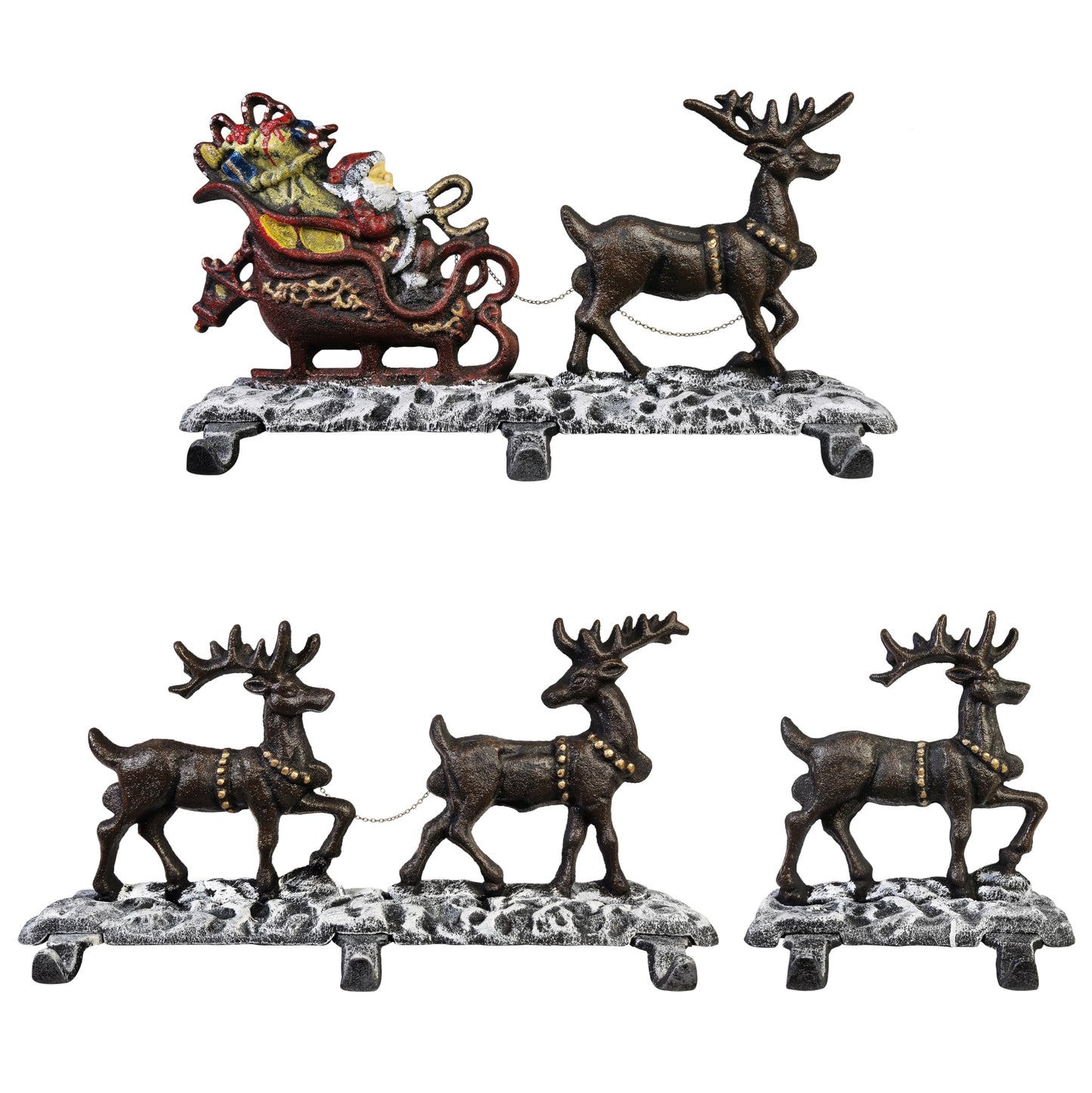 Christmas Stocking Holder for Mantel with 3 Reindeer & Santa on Decorated Sleigh