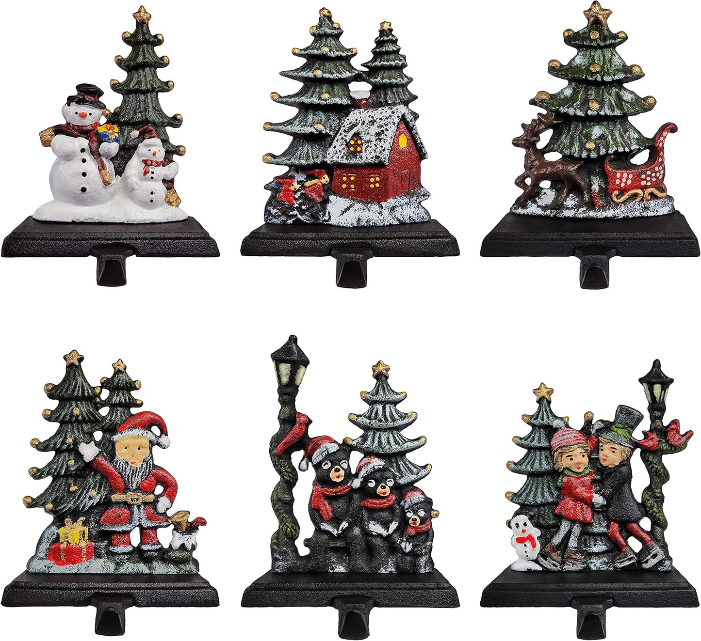 Sleigh with Deer, Santa with Gifts, House with Kids & Snowman with Christmas Tree Stocking Holder