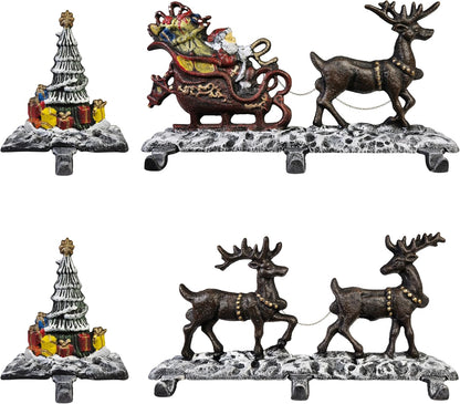 Christmas Stocking Holder for Mantel with 3 Reindeer & Santa on Decorated Sleigh