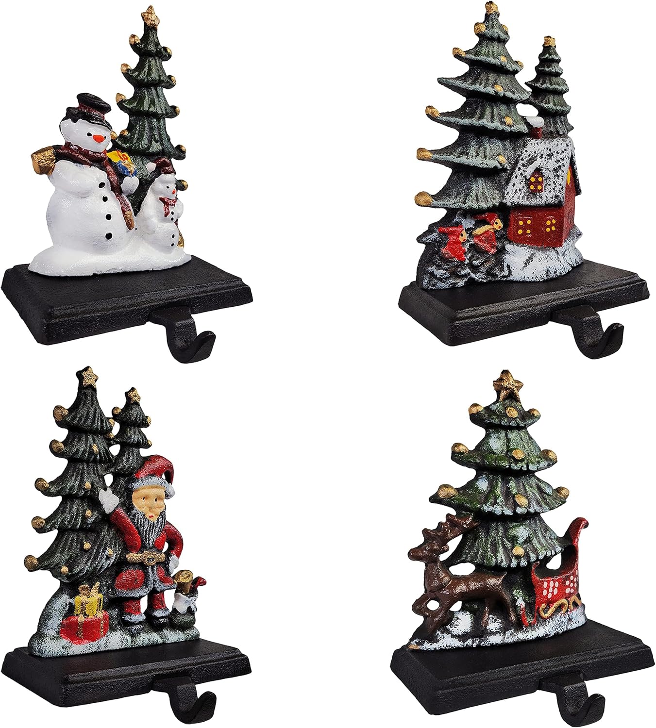 Sleigh with Deer, Santa with Gifts, House with Kids & Snowman with Christmas Tree Stocking Holder